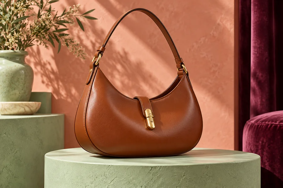Cognac Crescent shoulder bag on a mint pedestal with coral and plum backdrop