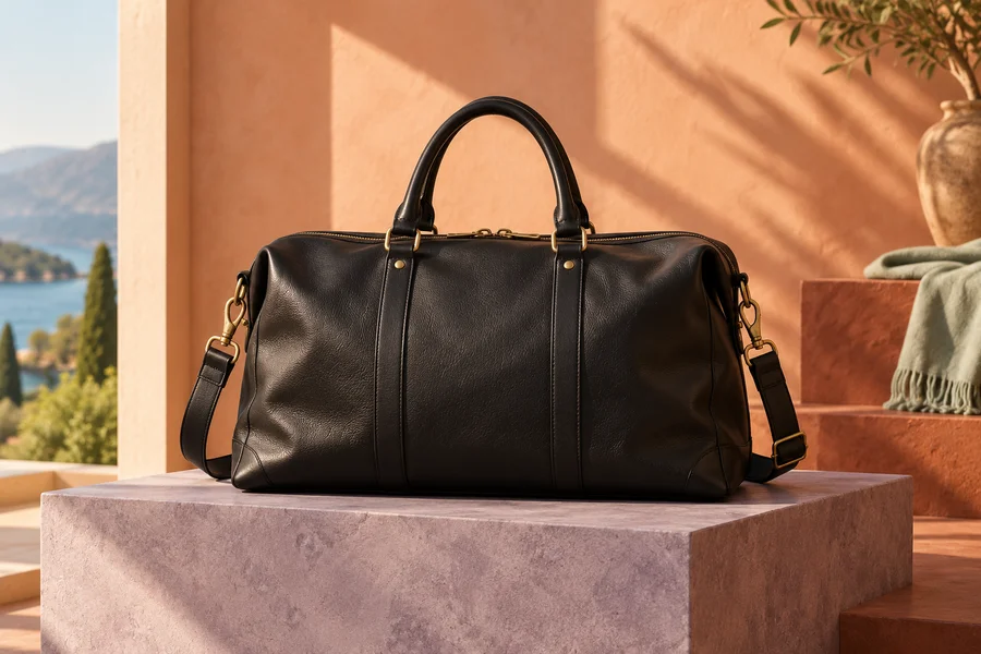 The Weekender black leather travel bag on a lavender plinth in a sunlit apricot setting